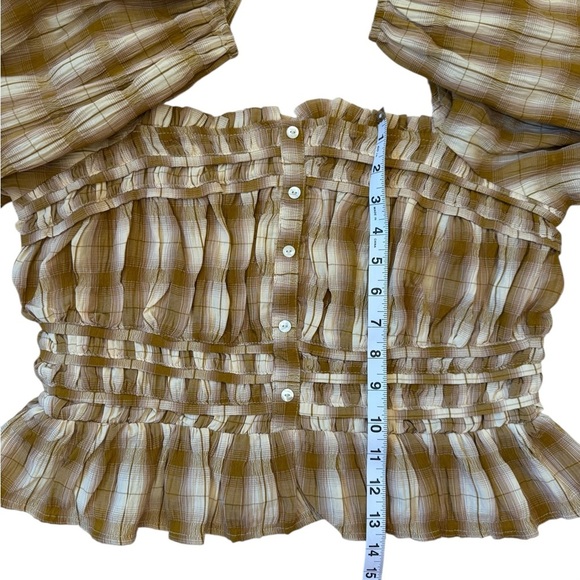 Bohme Brown Beige Plaid Smocked Blouse Size Large - Picture 8 of 13